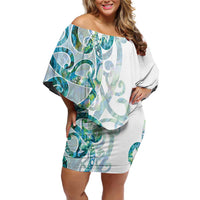 Paua Shell Maori Off Shoulder Short Dress Koru Kowhaiwhai LT7 Women White - Polynesian Pride