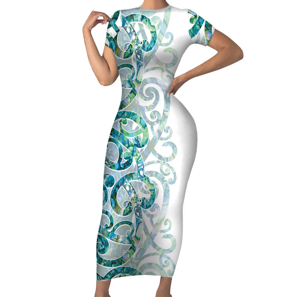 Paua Shell Maori Short Sleeve Bodycon Dress Koru Kowhaiwhai LT7 Long Dress White - Polynesian Pride