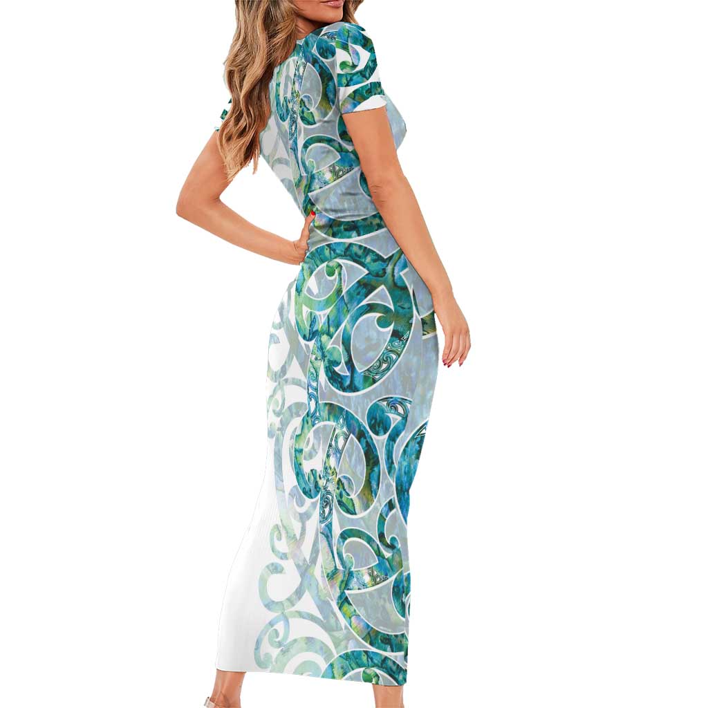 Paua Shell Maori Short Sleeve Bodycon Dress Koru Kowhaiwhai LT7 - Polynesian Pride