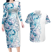 Turquoise Paua Shell Maori Couples Matching Long Sleeve Bodycon Dress and Hawaiian Shirt Koru Kowhaiwhai LT7 White - Polynesian Pride