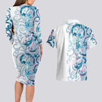 Turquoise Paua Shell Maori Couples Matching Long Sleeve Bodycon Dress and Hawaiian Shirt Koru Kowhaiwhai LT7 - Polynesian Pride