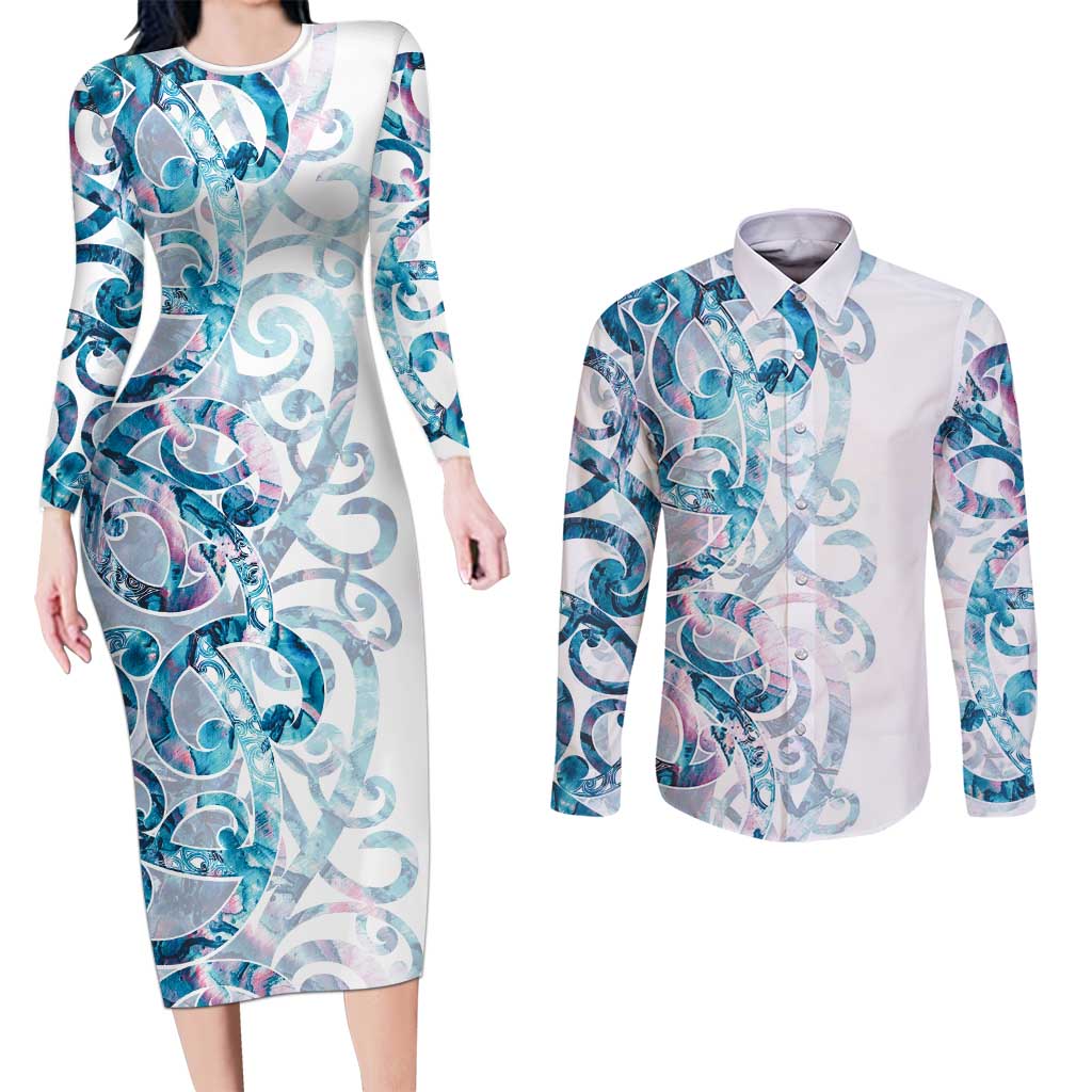 Turquoise Paua Shell Maori Couples Matching Long Sleeve Bodycon Dress and Long Sleeve Button Shirt Koru Kowhaiwhai LT7 White - Polynesian Pride
