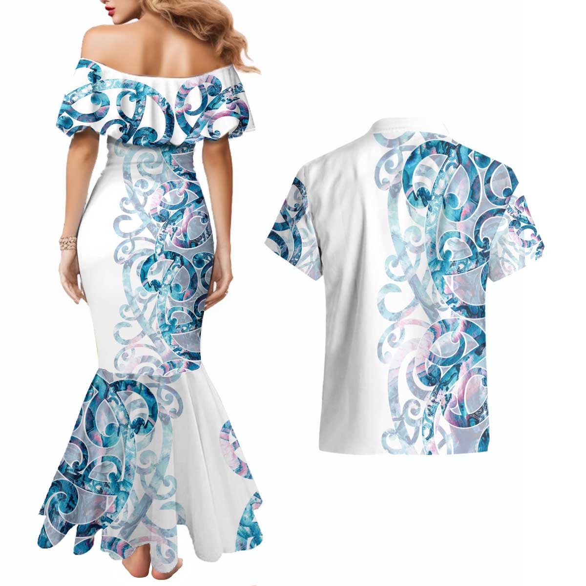 Turquoise Paua Shell Maori Couples Matching Mermaid Dress and Hawaiian Shirt Koru Kowhaiwhai LT7 - Polynesian Pride