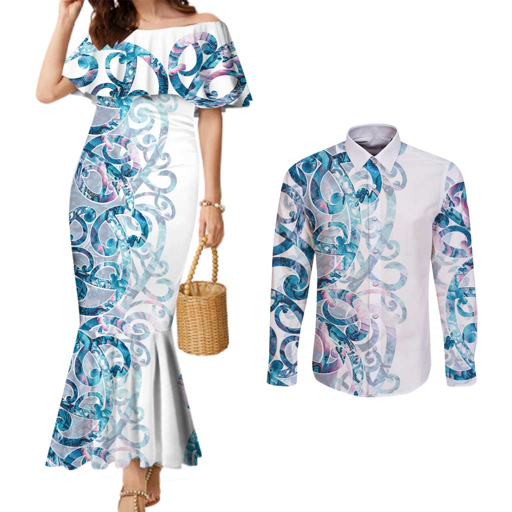 Turquoise Paua Shell Maori Couples Matching Mermaid Dress and Long Sleeve Button Shirt Koru Kowhaiwhai LT7 White - Polynesian Pride