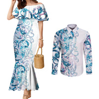 Turquoise Paua Shell Maori Couples Matching Mermaid Dress and Long Sleeve Button Shirt Koru Kowhaiwhai LT7 White - Polynesian Pride