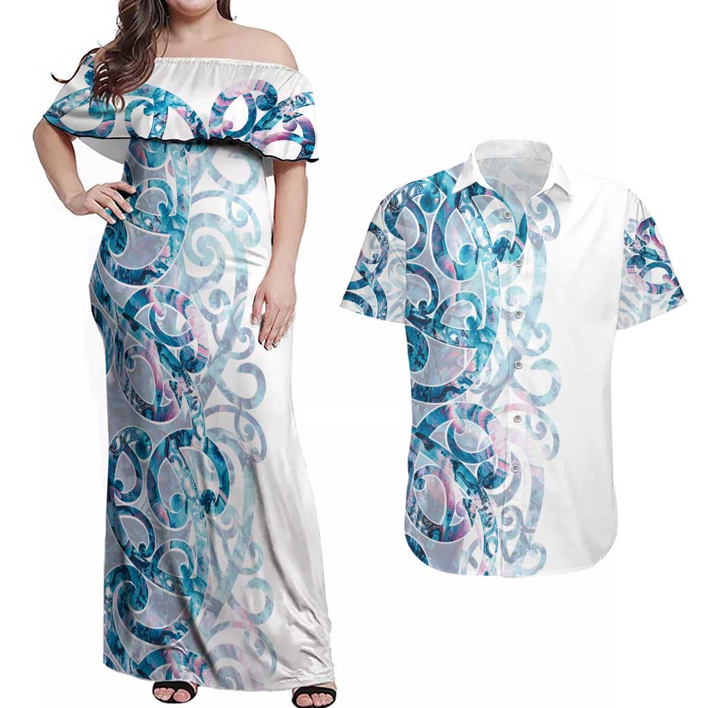 Turquoise Paua Shell Maori Couples Matching Off Shoulder Maxi Dress and Hawaiian Shirt Koru Kowhaiwhai LT7 White - Polynesian Pride