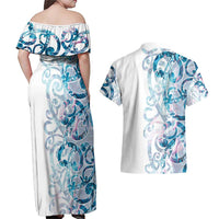 Turquoise Paua Shell Maori Couples Matching Off Shoulder Maxi Dress and Hawaiian Shirt Koru Kowhaiwhai LT7 - Polynesian Pride