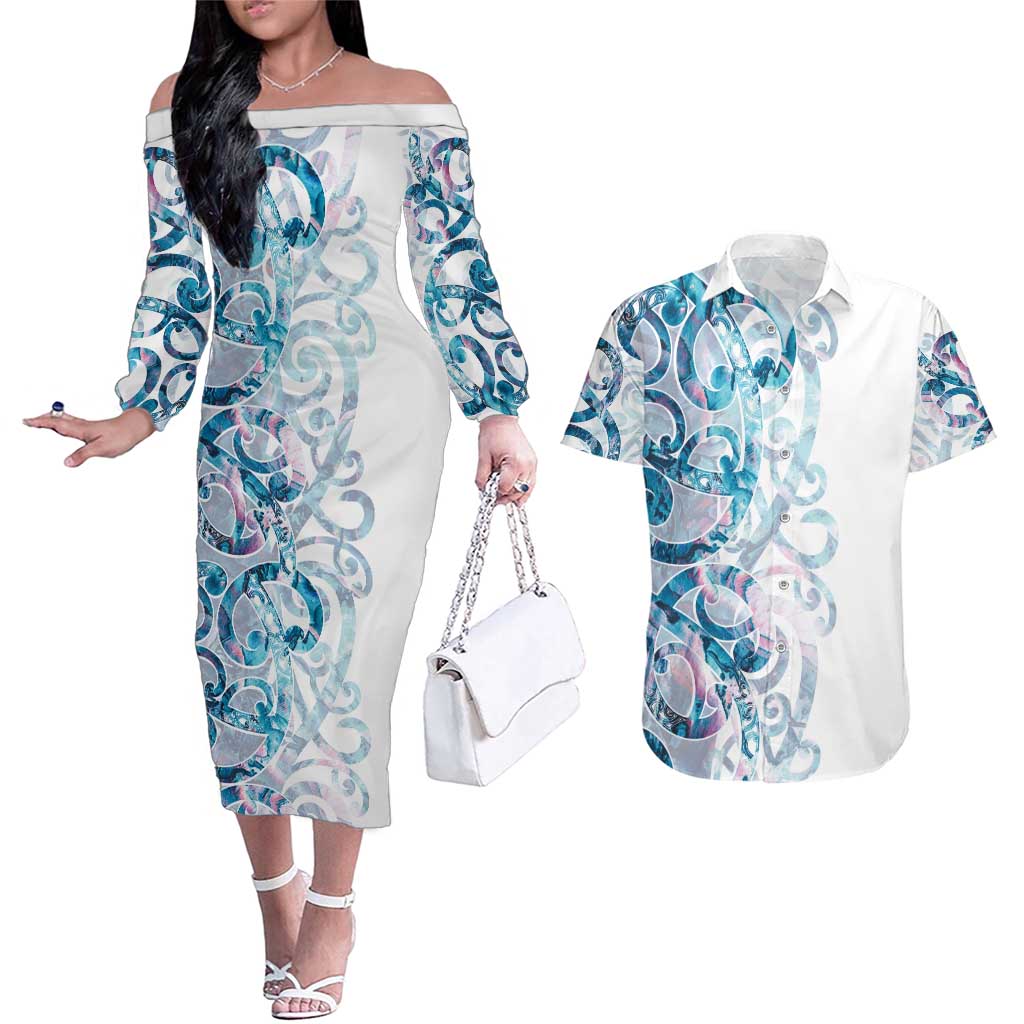 Turquoise Paua Shell Maori Couples Matching Off The Shoulder Long Sleeve Dress and Hawaiian Shirt Koru Kowhaiwhai - Polynesian Pride