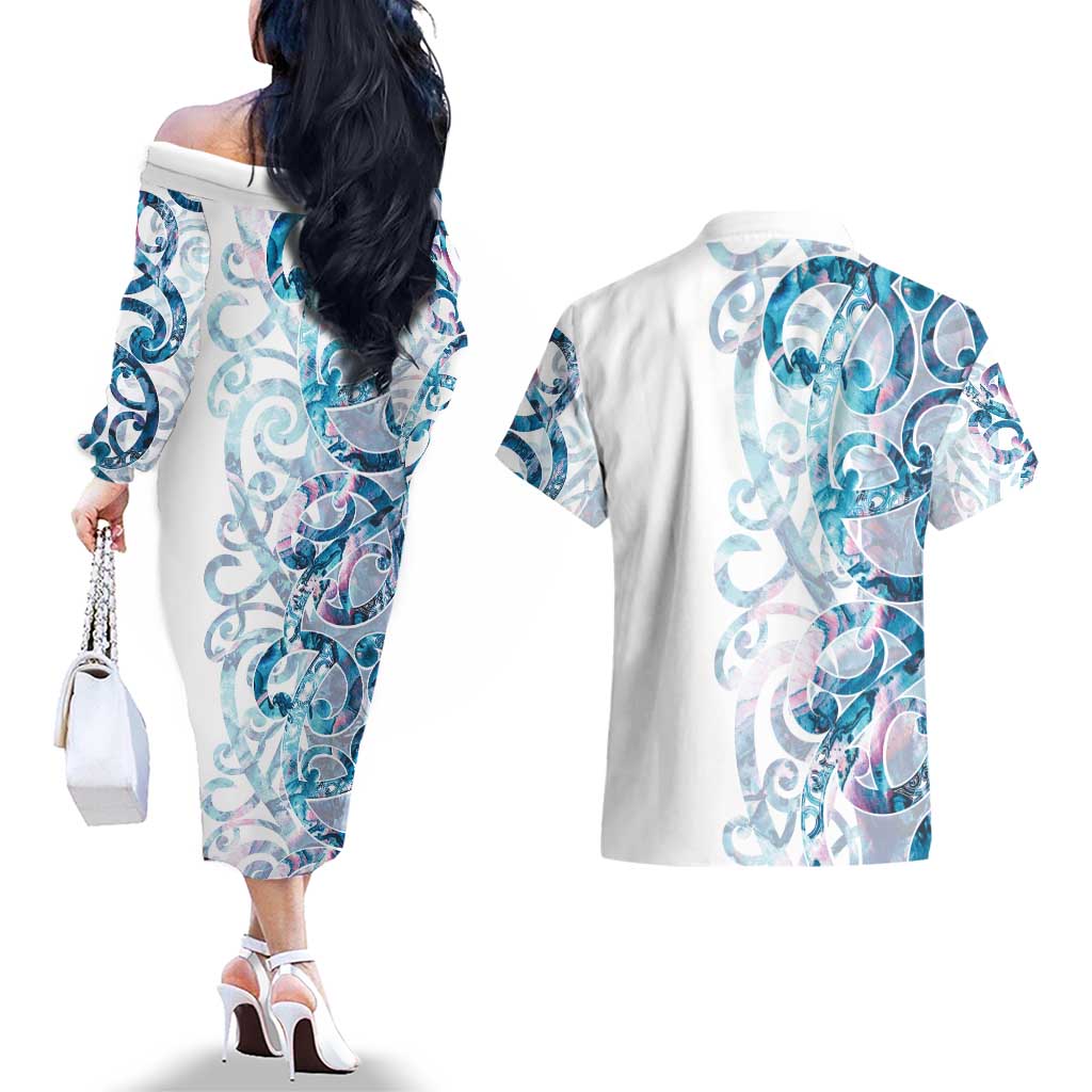 Turquoise Paua Shell Maori Couples Matching Off The Shoulder Long Sleeve Dress and Hawaiian Shirt Koru Kowhaiwhai LT7 - Polynesian Pride