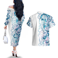 Turquoise Paua Shell Maori Couples Matching Off The Shoulder Long Sleeve Dress and Hawaiian Shirt Koru Kowhaiwhai LT7 - Polynesian Pride