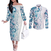 Turquoise Paua Shell Maori Couples Matching Off The Shoulder Long Sleeve Dress and Long Sleeve Button Shirt Koru Kowhaiwhai LT7 White - Polynesian Pride