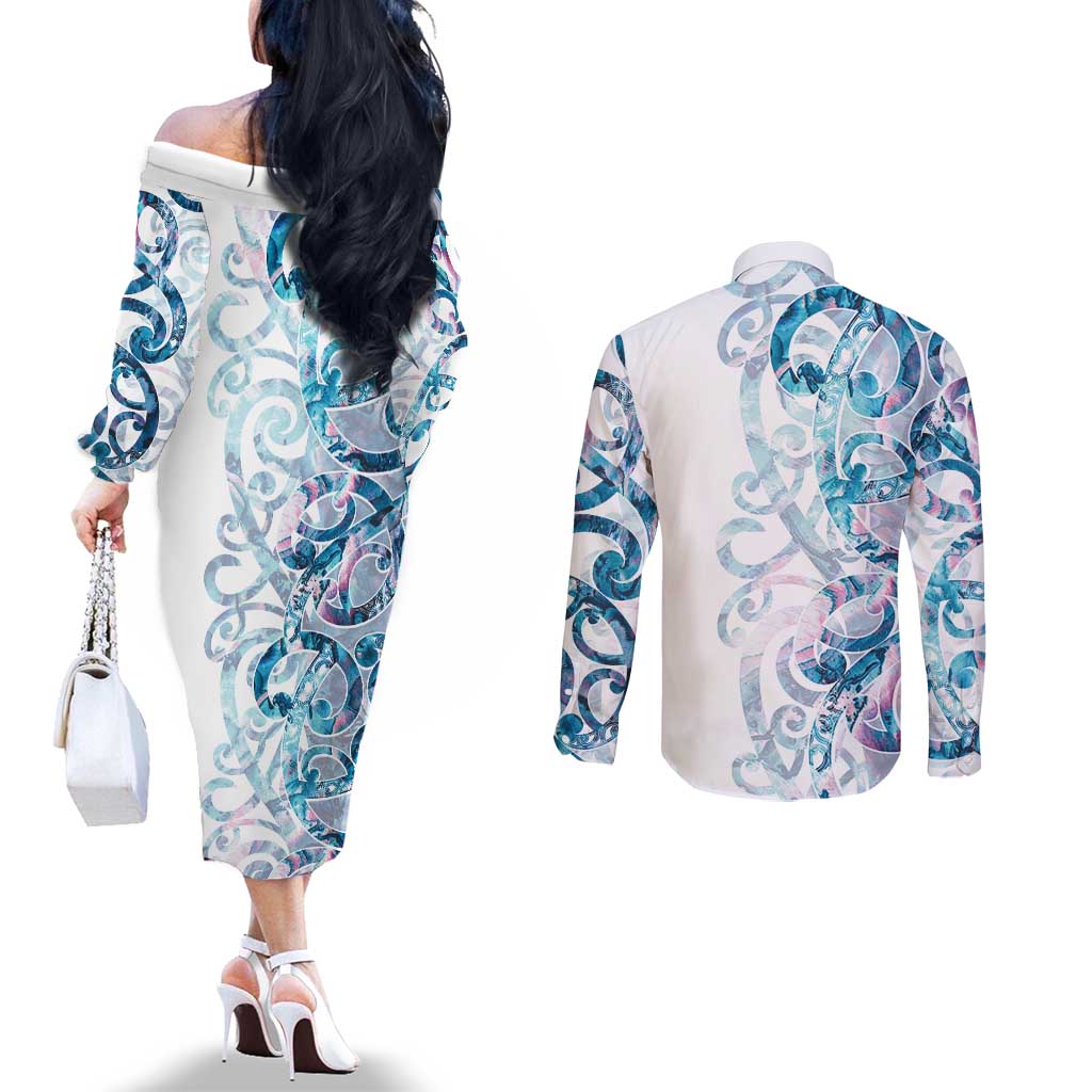 Turquoise Paua Shell Maori Couples Matching Off The Shoulder Long Sleeve Dress and Long Sleeve Button Shirt Koru Kowhaiwhai LT7 - Polynesian Pride