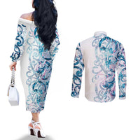 Turquoise Paua Shell Maori Couples Matching Off The Shoulder Long Sleeve Dress and Long Sleeve Button Shirt Koru Kowhaiwhai LT7 - Polynesian Pride