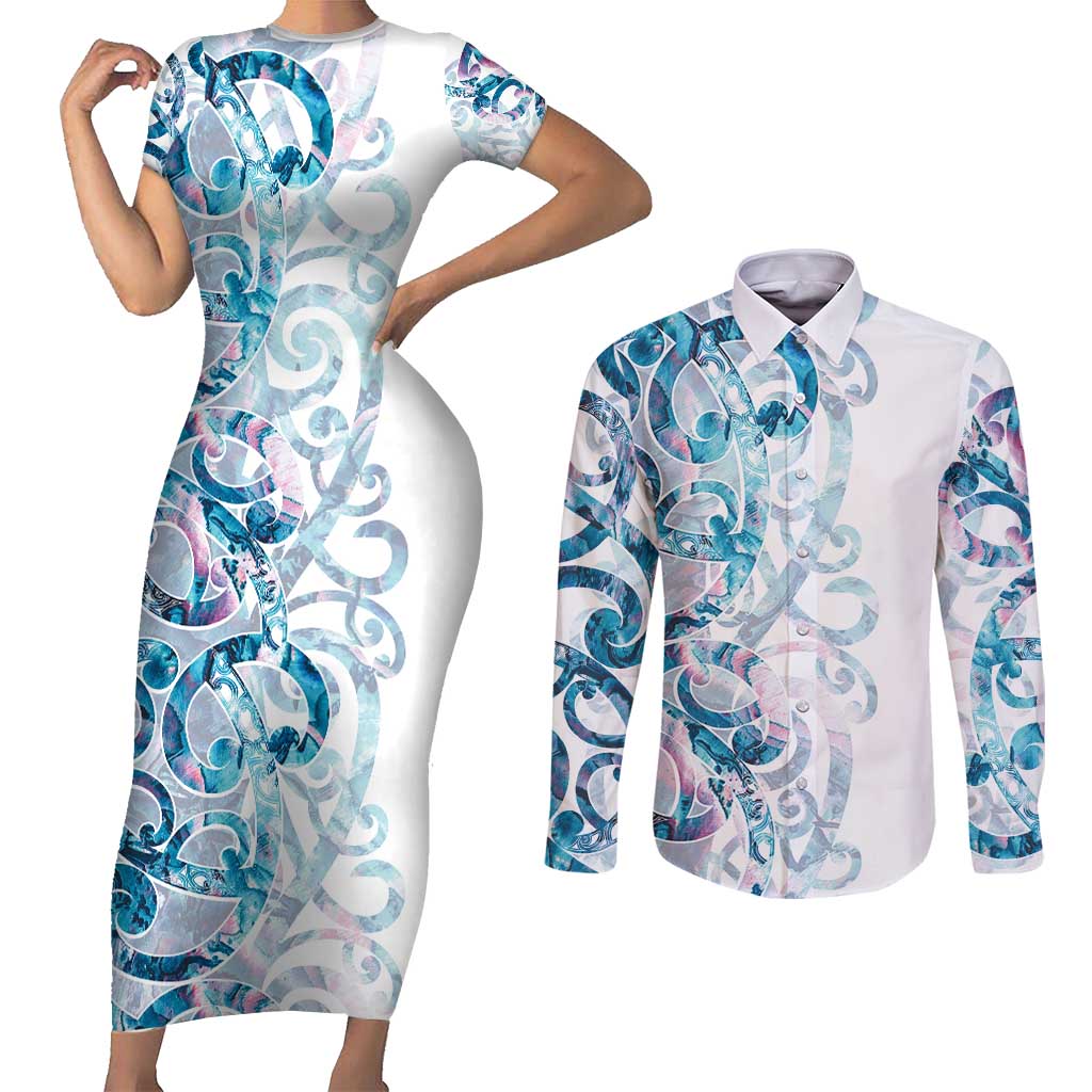 Turquoise Paua Shell Maori Couples Matching Short Sleeve Bodycon Dress and Long Sleeve Button Shirt Koru Kowhaiwhai LT7 White - Polynesian Pride
