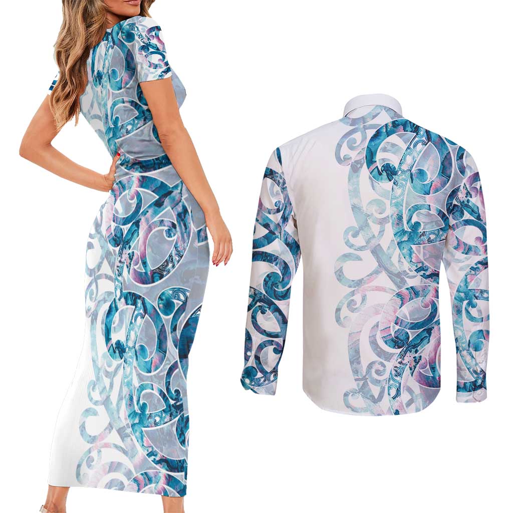 Turquoise Paua Shell Maori Couples Matching Short Sleeve Bodycon Dress and Long Sleeve Button Shirt Koru Kowhaiwhai LT7 - Polynesian Pride