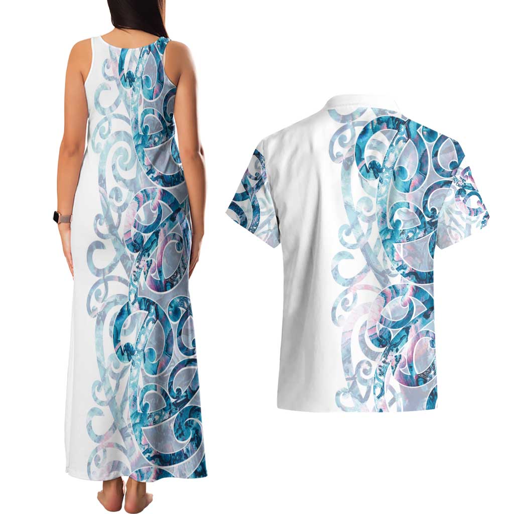 Turquoise Paua Shell Maori Couples Matching Tank Maxi Dress and Hawaiian Shirt Koru Kowhaiwhai LT7 - Polynesian Pride