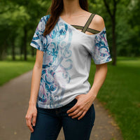 Turquoise Paua Shell Maori Cross Shoulder Shirt Koru Kowhaiwhai - Polynesian Pride