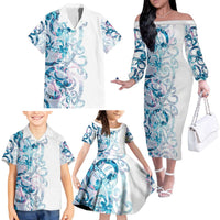 Turquoise Paua Shell Maori Family Matching Off The Shoulder Long Sleeve Dress and Hawaiian Shirt Koru Kowhaiwhai LT7 - Polynesian Pride