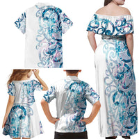 Turquoise Paua Shell Maori Family Matching Off Shoulder Maxi Dress and Hawaiian Shirt Koru Kowhaiwhai LT7 - Polynesian Pride