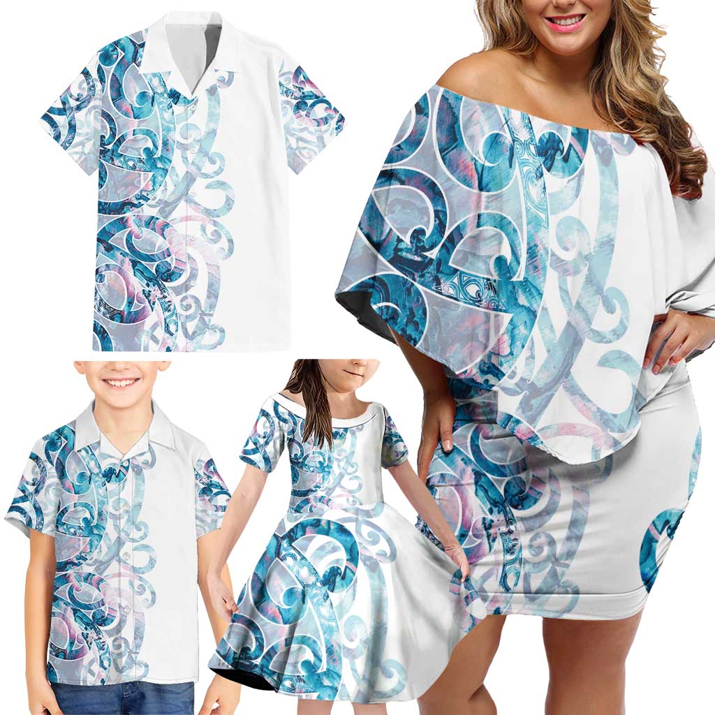 Turquoise Paua Shell Maori Family Matching Off Shoulder Short Dress and Hawaiian Shirt Koru Kowhaiwhai LT7 - Polynesian Pride