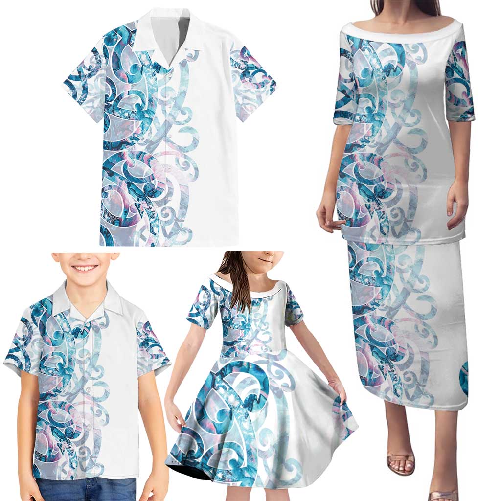 Turquoise Paua Shell Maori Family Matching Puletasi and Hawaiian Shirt Koru Kowhaiwhai LT7 - Polynesian Pride