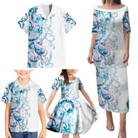 Turquoise Paua Shell Maori Family Matching Puletasi and Hawaiian Shirt Koru Kowhaiwhai LT7 - Polynesian Pride