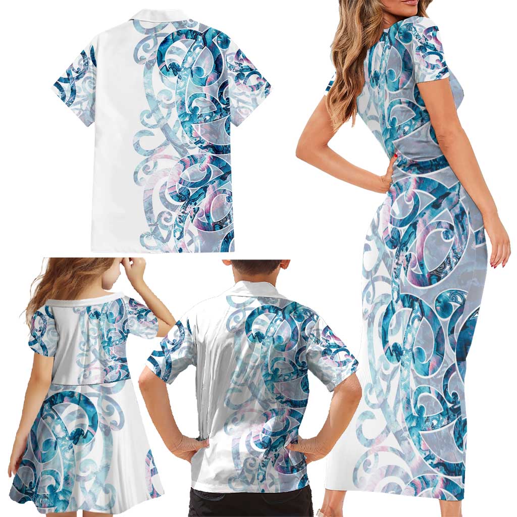 Turquoise Paua Shell Maori Family Matching Short Sleeve Bodycon Dress and Hawaiian Shirt Koru Kowhaiwhai LT7 - Polynesian Pride