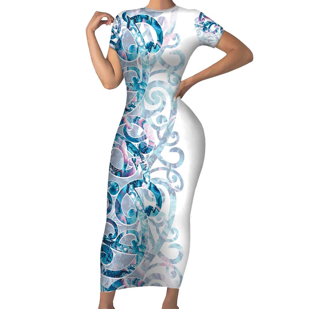 Turquoise Paua Shell Maori Family Matching Short Sleeve Bodycon Dress and Hawaiian Shirt Koru Kowhaiwhai LT7 Mom's Dress White - Polynesian Pride