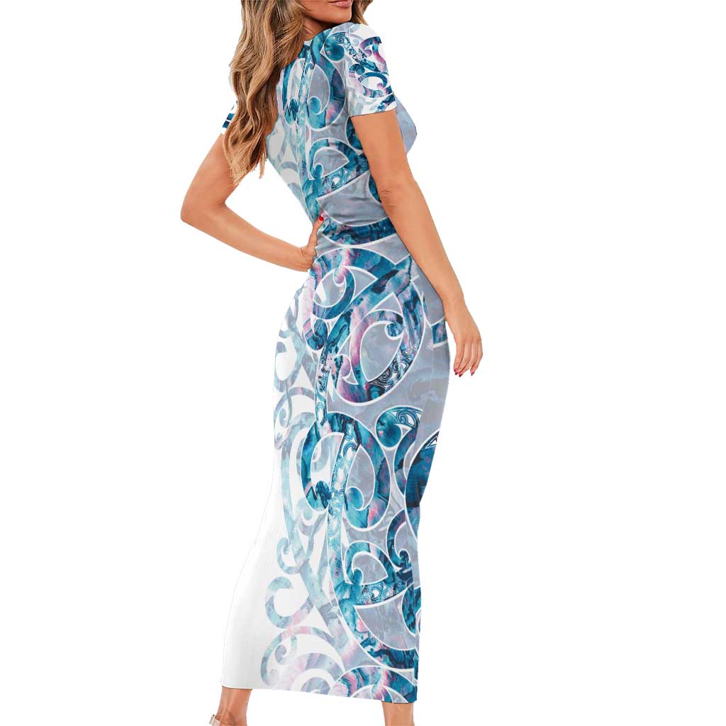 Turquoise Paua Shell Maori Family Matching Short Sleeve Bodycon Dress and Hawaiian Shirt Koru Kowhaiwhai LT7 - Polynesian Pride