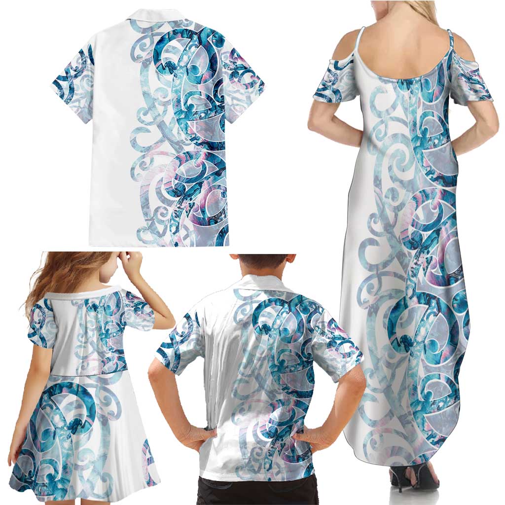 Turquoise Paua Shell Maori Family Matching Summer Maxi Dress and Hawaiian Shirt Koru Kowhaiwhai LT7 - Polynesian Pride