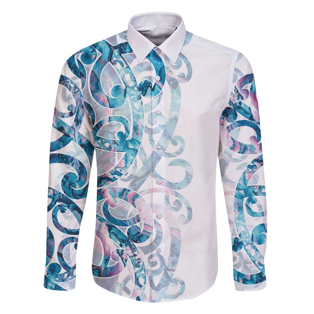 Turquoise Paua Shell Maori Family Matching Summer Maxi Dress and Hawaiian Shirt Koru Kowhaiwhai LT7 Dad's Shirt - Long Sleeve White - Polynesian Pride