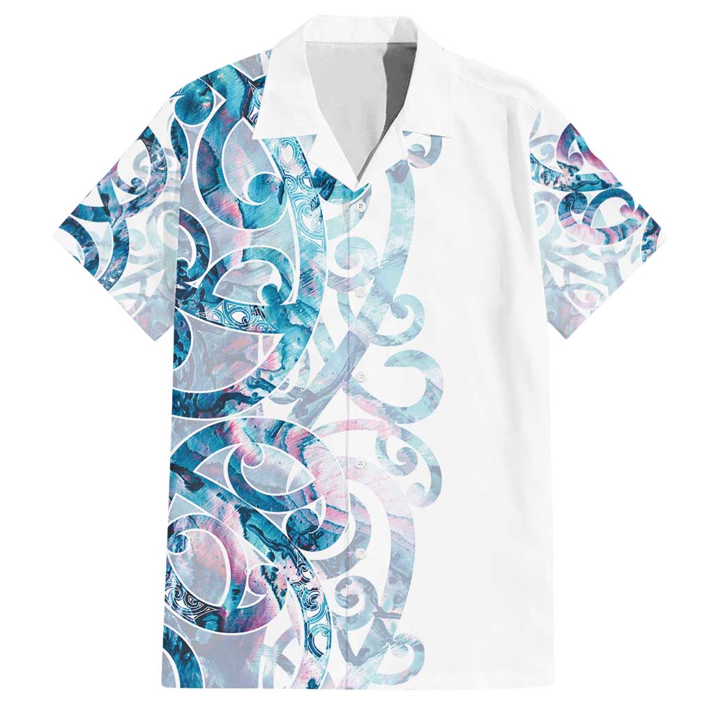 Turquoise Paua Shell Maori Family Matching Tank Maxi Dress and Hawaiian Shirt Koru Kowhaiwhai LT7 Dad's Shirt - Short Sleeve White - Polynesian Pride
