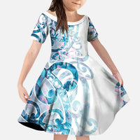 Turquoise Paua Shell Maori Kid Short Sleeve Dress Koru Kowhaiwhai - Polynesian Pride