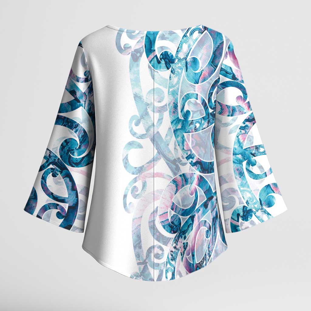 Turquoise Paua Shell Maori Kimono Sleeve Blouse Koru Kowhaiwhai - Polynesian Pride