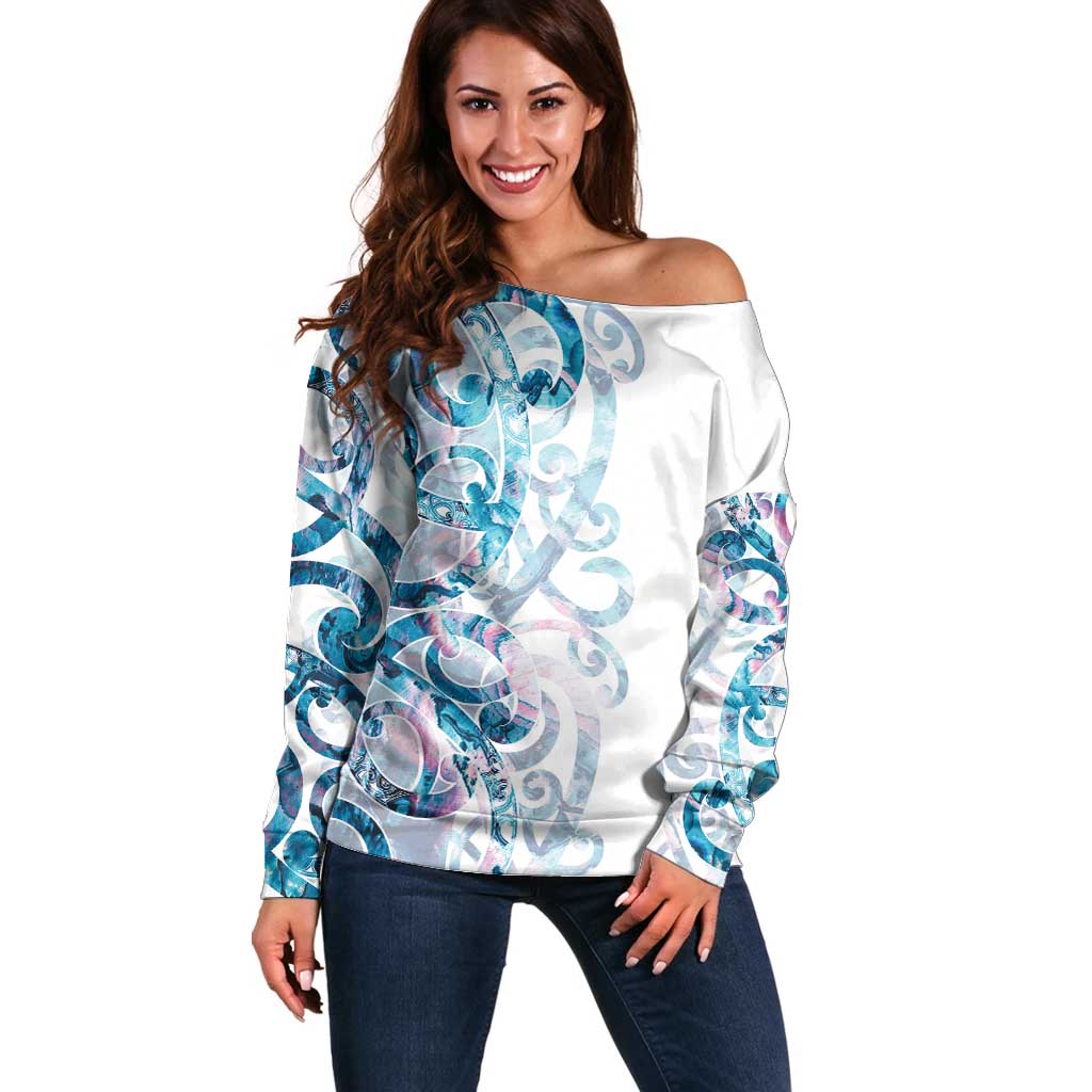 Turquoise Paua Shell Maori Off Shoulder Sweater Koru Kowhaiwhai - Polynesian Pride