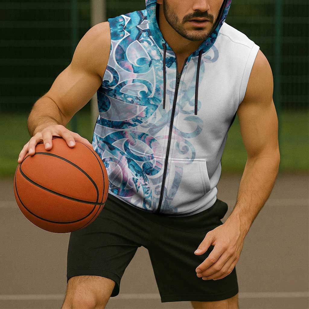 Turquoise Paua Shell Maori Sleeveless Zip Hoodie Koru Kowhaiwhai LT7 - Polynesian Pride