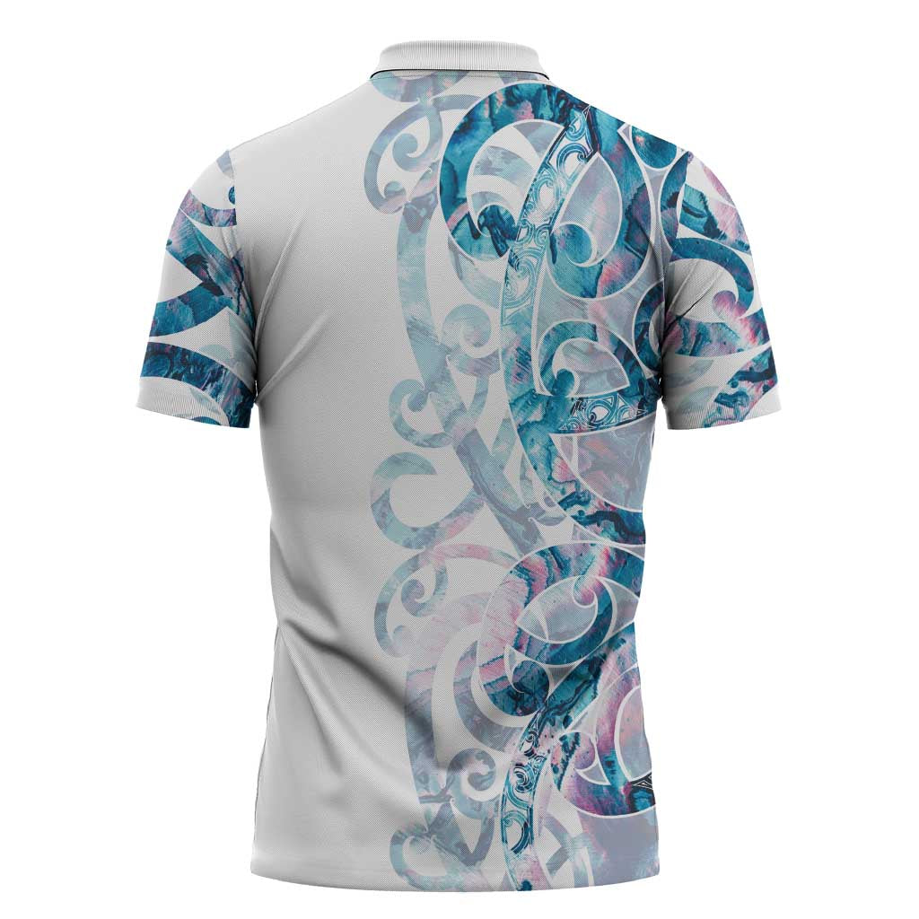 Turquoise Paua Shell Maori Zipper Polo Shirt Koru Kowhaiwhai - Polynesian Pride