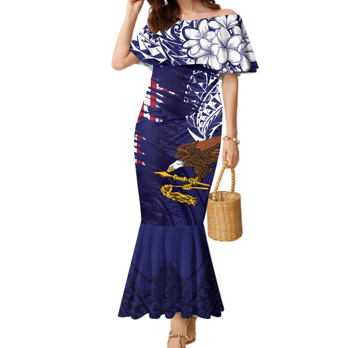 American Samoa Mix US Family Matching Mermaid Dress and Hawaiian Shirt Flag Day Grunge Style LT7 Mom's Dress Blue - Polynesian Pride