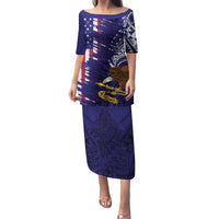 American Samoa Mix US Family Matching Puletasi and Hawaiian Shirt Flag Day Grunge Style LT7 Mom's Dress Blue - Polynesian Pride