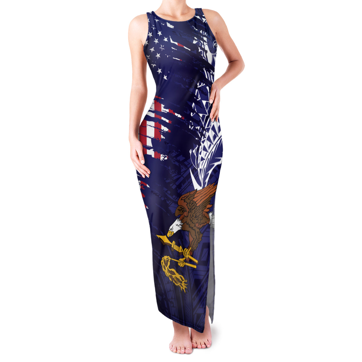 American Samoa Mix US Family Matching Tank Maxi Dress and Hawaiian Shirt Flag Day Grunge Style LT7 Mom's Dress Blue - Polynesian Pride