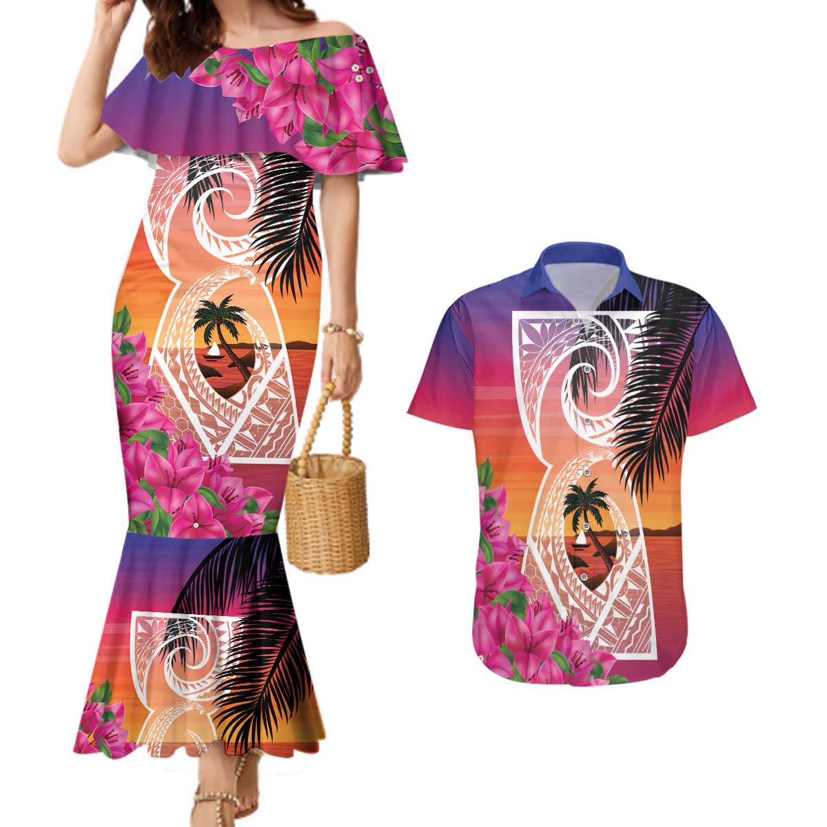 Guam Chamorro Couples Matching Mermaid Dress and Hawaiian Shirt Artsy Latte Stone