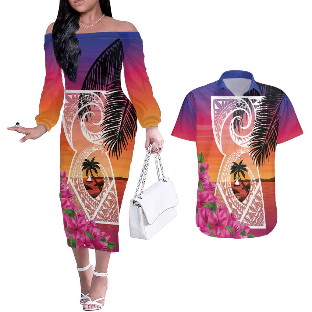 Guam Chamorro Couples Matching Off The Shoulder Long Sleeve Dress and Hawaiian Shirt Artsy Latte Stone LT7 Art - Polynesian Pride