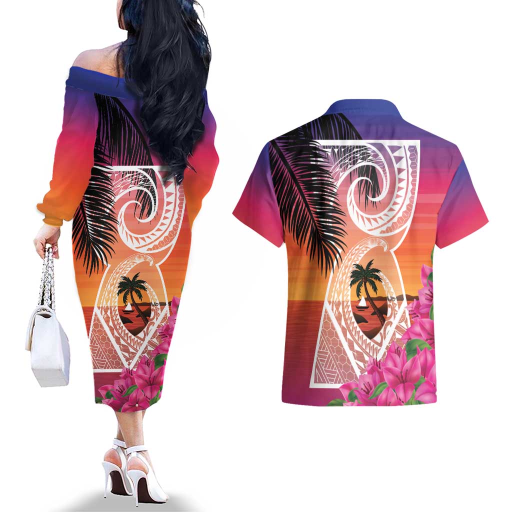Guam Chamorro Couples Matching Off The Shoulder Long Sleeve Dress and Hawaiian Shirt Artsy Latte Stone LT7 - Polynesian Pride