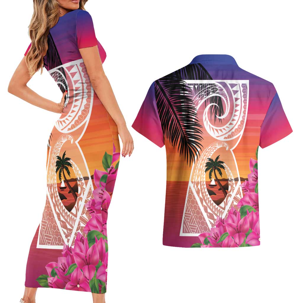Guam Chamorro Couples Matching Short Sleeve Bodycon Dress and Hawaiian Shirt Artsy Latte Stone LT7 - Polynesian Pride