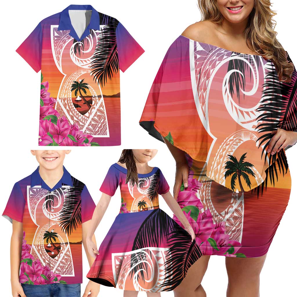 Guam Chamorro Family Matching Off Shoulder Short Dress and Hawaiian Shirt Artsy Latte Stone LT7 - Polynesian Pride