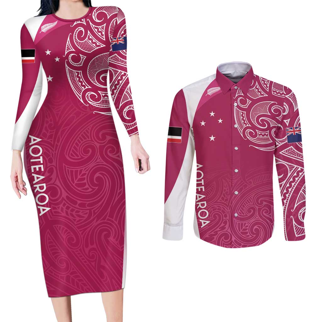 Personalised New Zealand Rugby Couples Matching Long Sleeve Bodycon Dress and Long Sleeve Button Shirt Aotearoa Champions - Pink Version LT7 Pink - Polynesian Pride