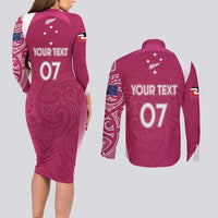 Personalised New Zealand Rugby Couples Matching Long Sleeve Bodycon Dress and Long Sleeve Button Shirt Aotearoa Champions - Pink Version LT7 - Polynesian Pride
