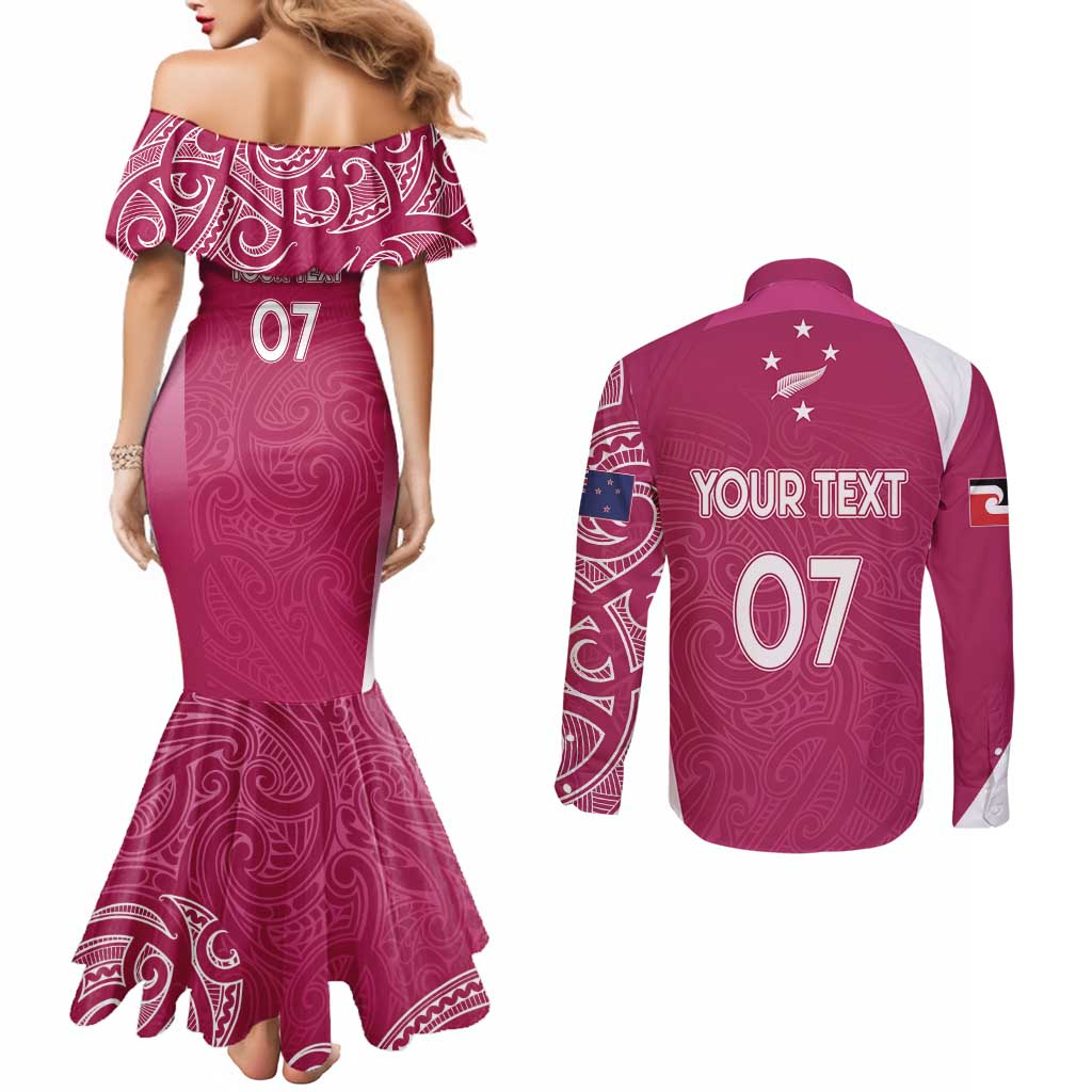 Personalised New Zealand Rugby Couples Matching Mermaid Dress and Long Sleeve Button Shirt Aotearoa Champions - Pink Version LT7 - Polynesian Pride