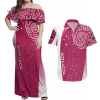 Personalised New Zealand Rugby Couples Matching Off Shoulder Maxi Dress and Hawaiian Shirt Aotearoa Champions - Pink Version LT7 Pink - Polynesian Pride