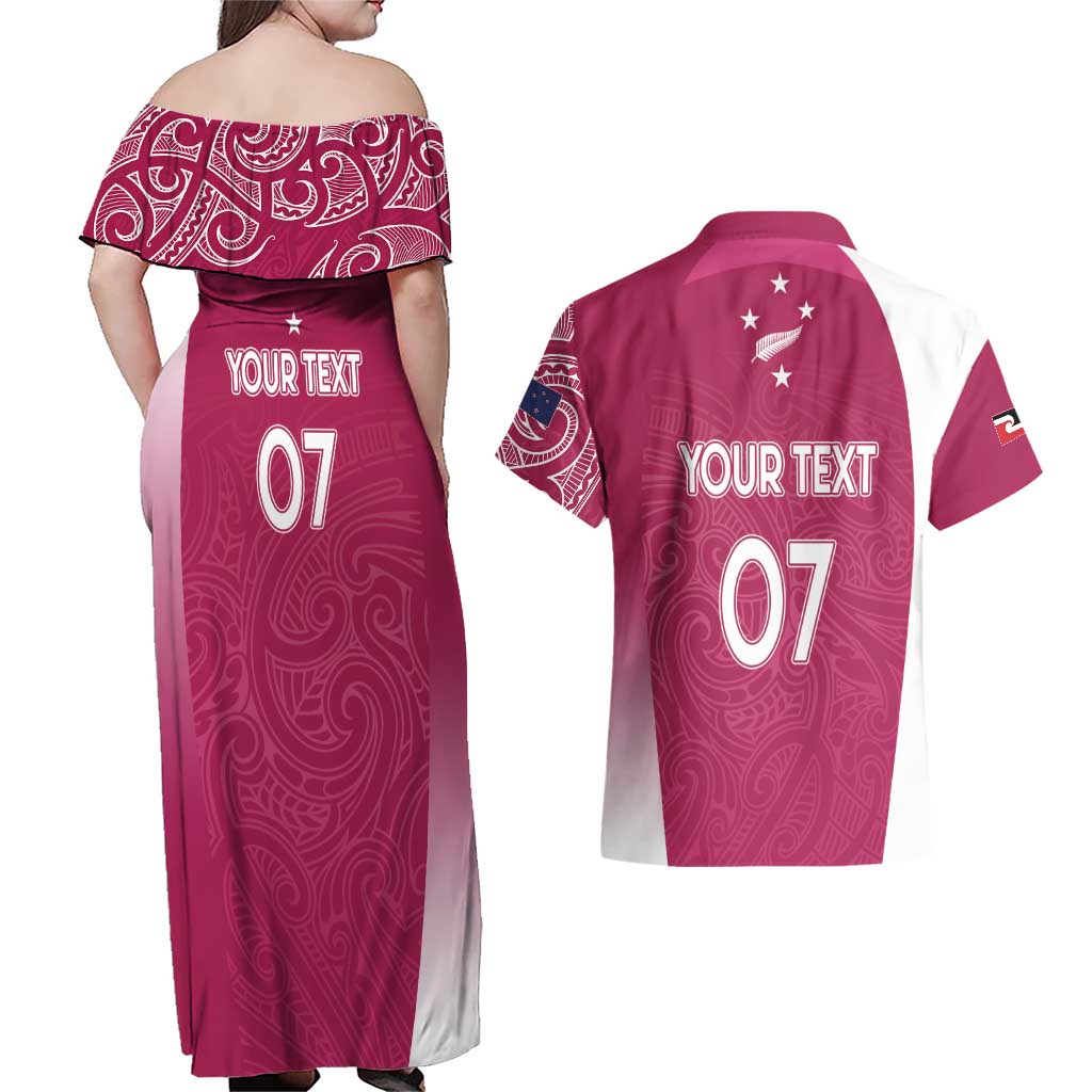 Personalised New Zealand Rugby Couples Matching Off Shoulder Maxi Dress and Hawaiian Shirt Aotearoa Champions - Pink Version LT7 - Polynesian Pride